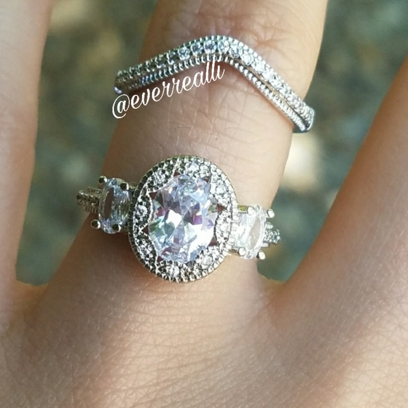 Silver Three Stone Oval Cut Fancy Halo Diamond Ring - Picture 3 of 8